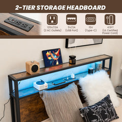 Full Size Metal Bed with Smart LED Headboard, Charging Station and 4 Lined Drawers, Rustic Brown