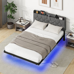Full Size Floating Bed Frame with LED Lights, 3 Position Storage Headboard and Charging Station