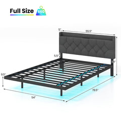 Full Size Floating Bed Frame with LED Lights, 3 Position Storage Headboard and Charging Station