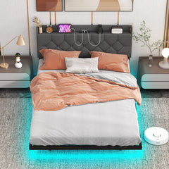 Full Size Floating Bed Frame with LED Lights, 3 Position Storage Headboard and Charging Station