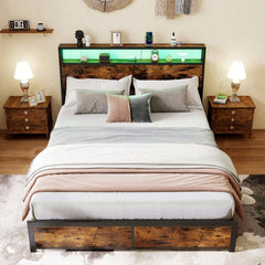 Queen LED Metal Bed with 2 Tier Storage Headboard, Charging Station and 4 Fabric Drawers