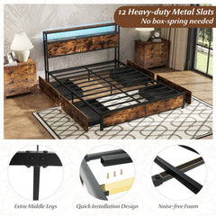 Queen LED Metal Bed with 2 Tier Storage Headboard, Charging Station and 4 Fabric Drawers