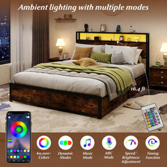 Queen LED Metal Bed with 2 Tier Storage Headboard, Charging Station and 4 Fabric Drawers