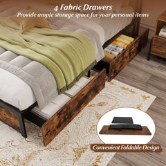 Queen LED Metal Bed with 2 Tier Storage Headboard, Charging Station and 4 Fabric Drawers