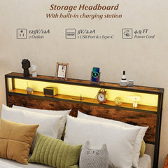 Queen LED Metal Bed with 2 Tier Storage Headboard, Charging Station and 4 Fabric Drawers