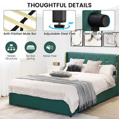 Full Size Upholstered Bed Frame with 4 Rolling Drawers and Wingback Headboard, Green