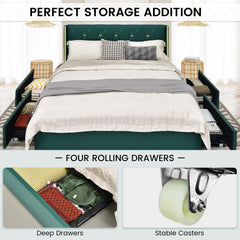 Full Size Upholstered Bed Frame with 4 Rolling Drawers and Wingback Headboard, Green