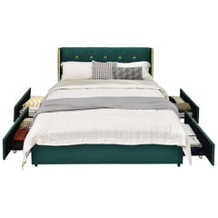 Full Size Upholstered Bed Frame with 4 Rolling Drawers and Wingback Headboard, Green