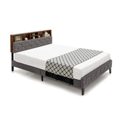 Full Size Upholstered Bed with Lift-Up Bookcase Storage Headboard and 1000 lb Capacity, Grey