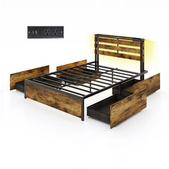 Full Size Metal Bed with Slatted LED Headboard, Display Shelf, 2 USB Ports and 4 Drawers