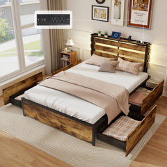Full Size Metal Bed with Slatted LED Headboard, Display Shelf, 2 USB Ports and 4 Drawers