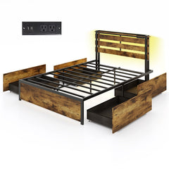 Full Size Metal Bed with Slatted LED Headboard, Display Shelf, 2 USB Ports and 4 Drawers