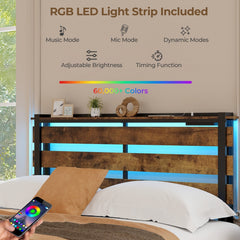 Full Size Metal Bed with Slatted LED Headboard, Display Shelf, 2 USB Ports and 4 Drawers