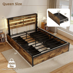 Queen Metal Bed with Slatted LED Headboard, Display Shelf, 2 USB Ports and 4 Drawers