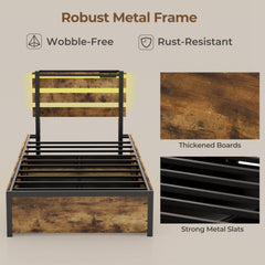 Twin Size Metal Bed with Slatted LED Headboard, Charging Station and 4 Rolling Drawers