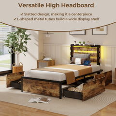 Twin Size Metal Bed with Slatted LED Headboard, Charging Station and 4 Rolling Drawers
