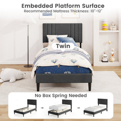 Twin Upholstered Platform Bed with Vertical Channel Headboard and 375 lb Capacity