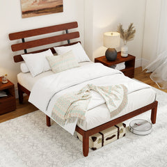 Full Size 15.5 Inch Solid Wood Platform Bed with Sloped Retro Headboard and 12 Inch Clearance