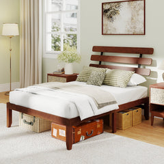 Full Size 15.5 Inch Solid Wood Platform Bed with Sloped Retro Headboard and 12 Inch Clearance