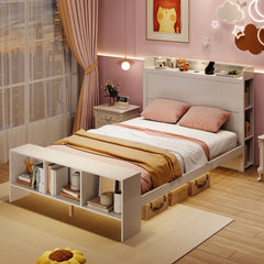 Full Size Bed Frame with Storage Headboard and Footboard, 3 Colour LED Lights and 2 USB Ports, White