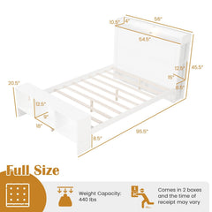 Full Size Bed Frame with Storage Headboard and Footboard, 3 Colour LED Lights and 2 USB Ports, White