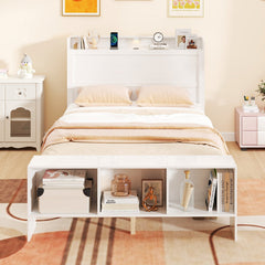 Full Size Bed Frame with Storage Headboard and Footboard, 3 Colour LED Lights and 2 USB Ports, White