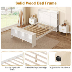 Full Size Bed Frame with Storage Headboard and Footboard, 3 Colour LED Lights and 2 USB Ports, White