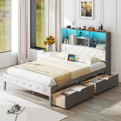 Full Size Bed Frame with Upholstered Bookcase Headboard, RGB LED Lights, Charging Station and 2 Drawers, Gray