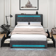 Full Size Upholstered Bed Frame with LED Wingback Headboard, Charging Station and 4 Storage Drawers, Grey