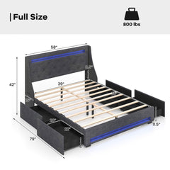 Full Size Upholstered Bed Frame with LED Wingback Headboard, Charging Station and 4 Storage Drawers, Grey