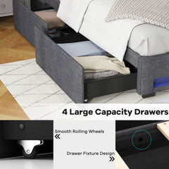 Full Size Upholstered Bed Frame with LED Wingback Headboard, Charging Station and 4 Storage Drawers, Grey