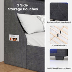 Full Size Upholstered Bed Frame with LED Wingback Headboard, Charging Station and 4 Storage Drawers, Grey