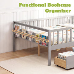 Full Size Daybed with Fence and 2 Drawers for Boys and Girls-Gray