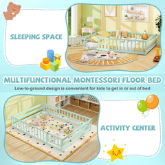 Full Size Floor Bed with Full Length Safety Guardrails-Light Green