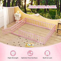 Full Size Floor Bed with Full Length Safety Guardrails-Pink