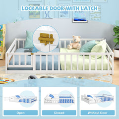 Full Size Floor Bed with Full Length Safety Guardrails-White