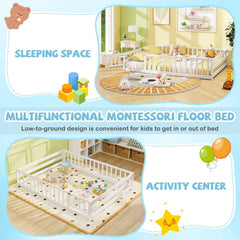 Full Size Floor Bed with Full Length Safety Guardrails-White