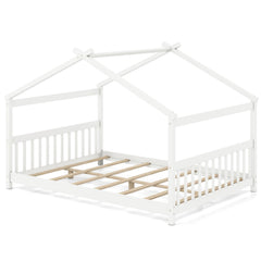 Full Size House Bed Montessori Floor Bed with Fence Rails and Open Roof Frame, White