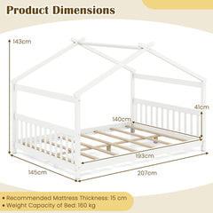 Full Size House Bed Montessori Floor Bed with Fence Rails and Open Roof Frame, White
