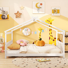 Full Size House Bed Montessori Floor Bed with Fence Rails and Open Roof Frame, White