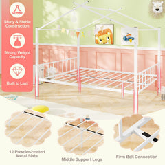 Full Size Metal House Bed with 2 Fabric Drawers for Kids-White