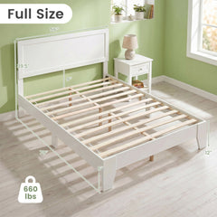 Full Size Modern White Wood Platform Bed with Framed Headboard and Tapered Legs