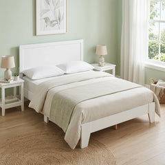Full Size Modern White Wood Platform Bed with Framed Headboard and Tapered Legs