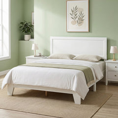 Full Size Modern White Wood Platform Bed with Framed Headboard and Tapered Legs