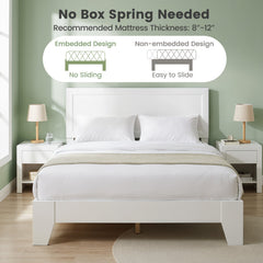 Full Size Modern White Wood Platform Bed with Framed Headboard and Tapered Legs