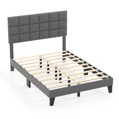 Full Size Linen Upholstered Bed Frame with 3 Position Adjustable Headboard and 10 Slats, Gray