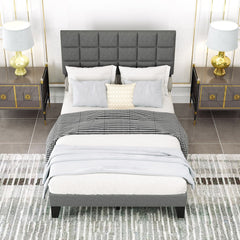 Full Size Linen Upholstered Bed Frame with 3 Position Adjustable Headboard and 10 Slats, Gray