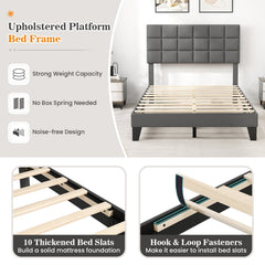 Full Size Linen Upholstered Bed Frame with 3 Position Adjustable Headboard and 10 Slats, Gray