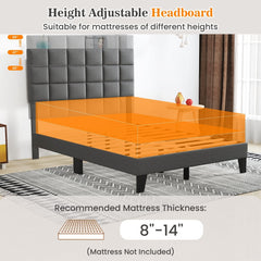 Full Size Linen Upholstered Bed Frame with 3 Position Adjustable Headboard and 10 Slats, Gray