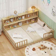 Full Size Montessori Floor Bed with Bookcase-Natural